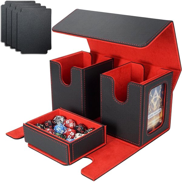 zyuqnek MTG Deck Box with Dice Tray, Commander Deck Box Fits 200+ Double Sleeved Cards, Magnetic Card Deck Box, 3-in-1Deck Box TCG For Magic Commander TCG CCG,4 Dividers & 2 Toploaders, Black/Red