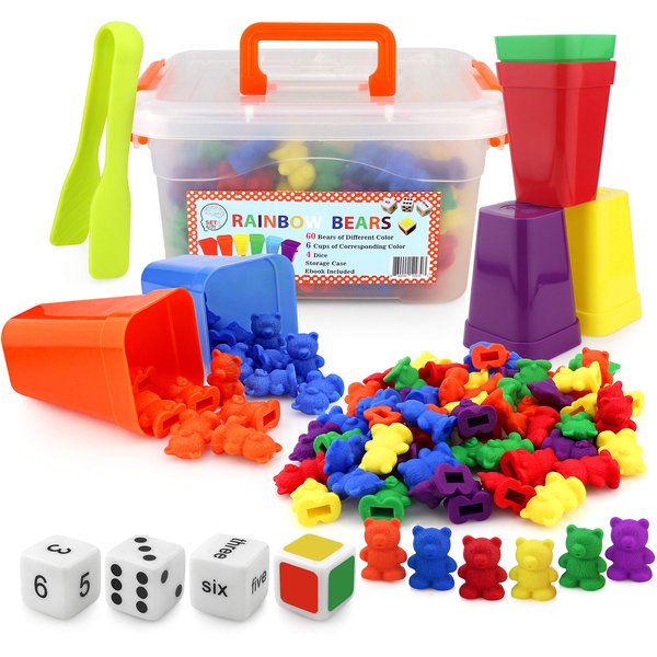 SET4kids Counting Bears with Matching/Sorting Cups, 4 Dice, Tweezers and an Activity e-Book. for Toddler Games | Early Childhood Education. 71 pc Game Set