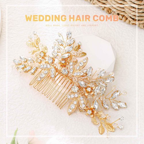 Olbye Wedding Hair Comb Silver Rhinestone Headpiece Pearls Crystal Prom Hair Pieces Flower Bridal Hair Clips Decorative Bridesmaids Bead Hair Side Combs Brides Hair Accessories for Women (Gold)