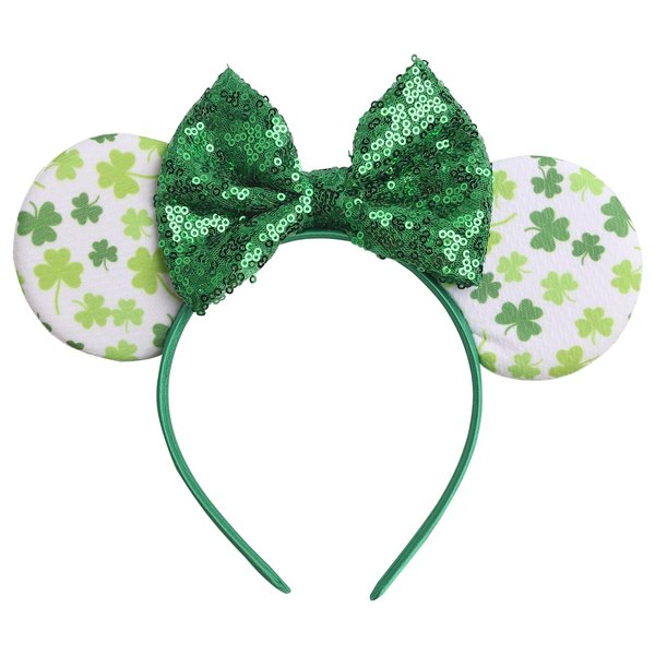 CIVFCRT Shamrock Headbands Green Lucky Clover Headbands St. Patrick's Day Mouse Ears Headbands Shiny Green Bows Hairbands for Girls Women Party Parades Clover Hair Decoration (Lucky Clover)