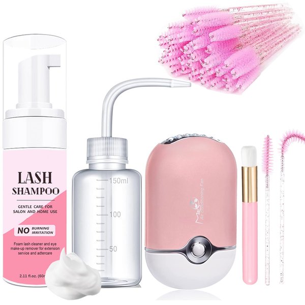 AREMOD Eyelash Cleanser for Extensions, Lash Shampoo Kit with Lash Fan, 60ml Lash Shampoo,Cleaning Brush and Wash Bottle for Lash Bath(pink)