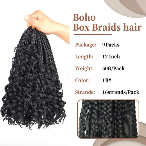 ENZEGONGYI Goddess Bohemian Box Braids Crochet Hair with Curly Ends, boho box braids crochet hair 9 Packs Synthetic Braiding Hair Extensions for Black Women (1B, 12 inch)