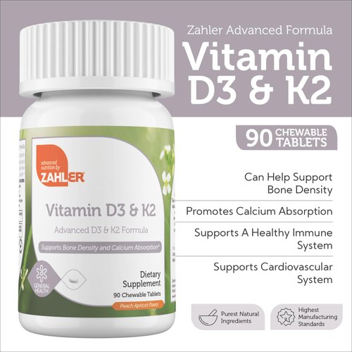 Zahler - Vitamin D3 & K2 Chewable Supplement (90 Count) - Certified Kosher K2 D3 Vitamin 5000 IU Delicious Chew Tablet - Vitamin D & K2 for Calcium Absorption, Bone Density & Immune Support