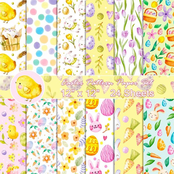 sorkwo 24 Sheets Easter Pattern Paper Set, 12"x12" Patterned Cardstock Paper Scrapbooking Supplies Paper Rabbit Carrot Easter Egg Origami Paper - 12 Styles