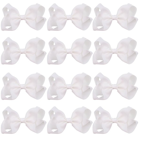 4 Inch Boutique Girls Hair Bows Hair Clips for Baby Girls Toddlers 12 Pcs Solid Color (White)