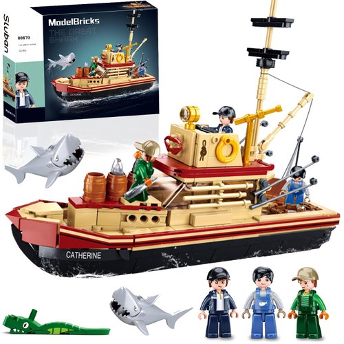 City Jaws Fishing Boat Building Sets with 3 Fisherman Minifigures, Ship Building Kit with Shark Toys, Christmas Birthday Gifts Toys for Adults Kids, Compatible with Lego Boat Ship, 592 PCS