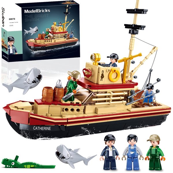 City Jaws Fishing Boat Building Sets with 3 Fisherman Minifigures, Ship Building Kit with Shark Toys, Christmas Birthday Gifts Toys for Adults Kids, Compatible with Lego Boat Ship, 592 PCS