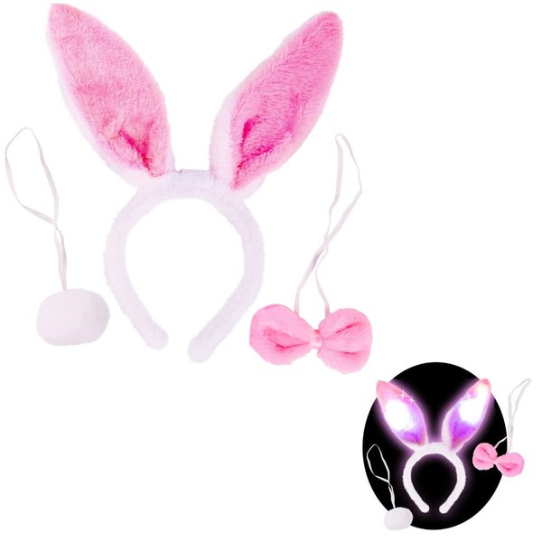 Kangaroo - 3 Pieces Plush LED Furry Easter Bunny Costume Set, Ears, Tail, and Bowtie Cosplay Accessories for Christmas Halloween, and All Party Favor, Pink