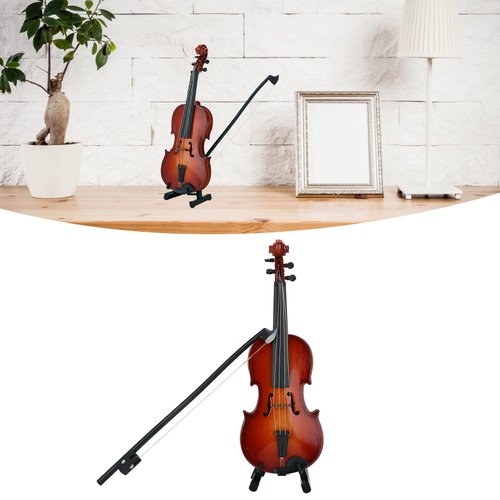 Wooden Mini Violin Model Display, with Bow Stand and Case Musical Ornament Craft, for Home Office Decoration Birthday Valentine's Day Gift