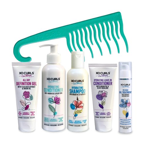 XO Curls 6 Pcs Combo Curl Therapy Range 19 Fl Oz | Hair Oil, Shampoo, Conditioner, Leave-In Conditioner, Definition Gel, Comb for Frizz-Free | Soft Natural Curls | Unisex Adult