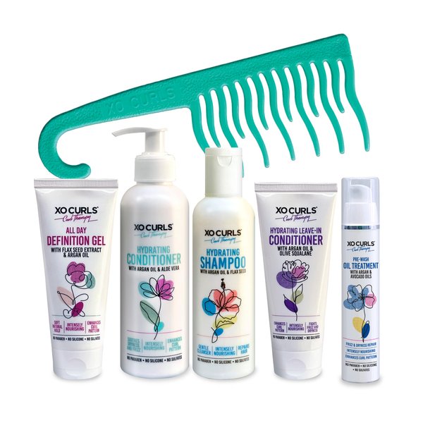 XO Curls 6 Pcs Combo Curl Therapy Range 19 Fl Oz | Hair Oil, Shampoo, Conditioner, Leave-In Conditioner, Definition Gel, Comb for Frizz-Free | Soft Natural Curls | Unisex Adult