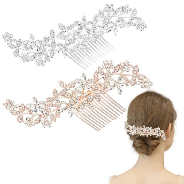 2 Pack Bridal Wedding Hair Pins Rhinestones Flower Hair Combs Pins Bride Hairpieces Gorgeous Hair Accessories for Brides Bridesmaids Women Girls Updo (Gold, Silver)