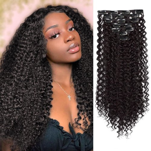 UAmy hair Kinky Curly Clip in Hair Extensions for Women 18 Inches 7Pcs Set Double Weft Synthetic 3B-3C Natural Black Curly Wave Hair Clips in Hairpieces (2# Natural Black)