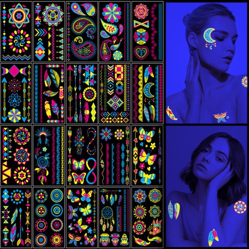 Glow in The Dark Temporary Tattoos 20 Sheets UV Neon Blacklight Tattoos, Body Face Paint Fake Glow Party Supplies Tattoos Stickers for Aldult Women Men Teen Girl