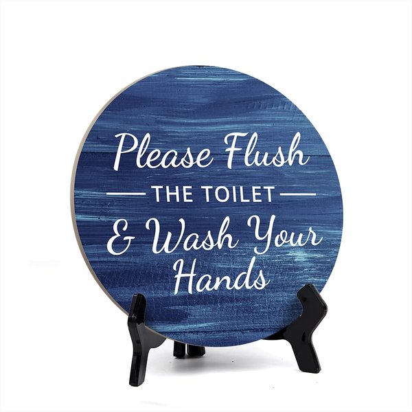 Round Please Flush The Toilet & Wash Your Hands, Washed Blue Wood Color Bathroom Table Sign with Acrylic Easel (5 x 5")