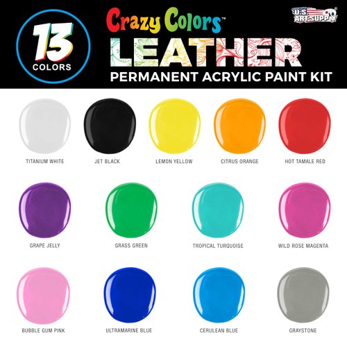 Crazy Colors Premium Acrylic Leather and Shoe Paint Kit, 13 Colors, Deglazer, 4-Piece Brush Set - 1 oz Bottles, Flexible, Scratch Peel Resistant - Artist Sneakers, Jackets, Bags, Purses, Furniture