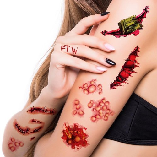 Day of the Dead Tattoos for Halloween Decorations Wound Blood Scar Temporary Tattoos Halloween Party Supplies 40 sheets Body Art Stickers Fake Tattoos for Boys Girls Women Men Cosplay Makeup Props