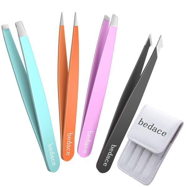 Tweezers for Women and Men Facial Hair,4 Pack Precision Tweezers for Eyebrows,Professional Slant Tip Tweezer Set for Ingrown Hair, Plucking Daily Beauty Tool with Leather Travel Case for Gifts