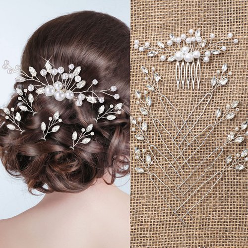 9 Pieces Pearl Bride Wedding Hair Comb Pearl Hair Pins Set Bridal Side Comb U Shape Bridal Hair Clip Pearl Bobby Pins Updos Hair Piece Wedding Hair Accessories for Women Girls (Retro Style, Silver)