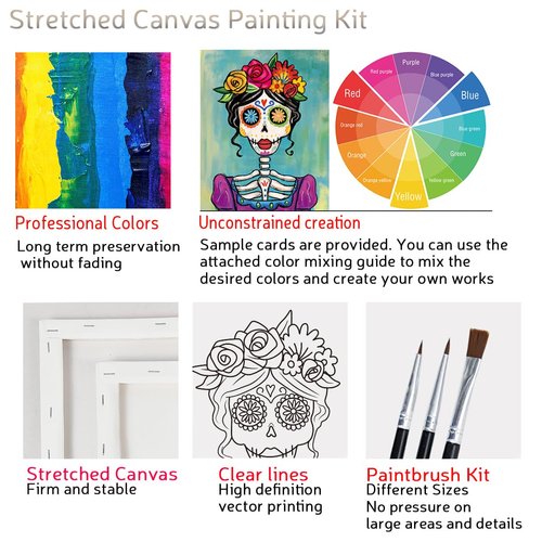 VALLSIP 2 Pack Paint and Sip Canvas Painting Kit Pre Drawn Canvas for Painting for adults Stretched Canvas Couples Games Date Night Anniversary Gifts Paint Party Supplies Favor Day of the Dead (8x10)