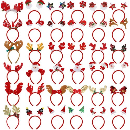 Zhehao 36 Pcs Christmas Headbands with Different Designs Santa Reindeer Antlers Headbands Christmas Accessories Holiday Costume Headbands for Adults and Kids Christmas Party Favors