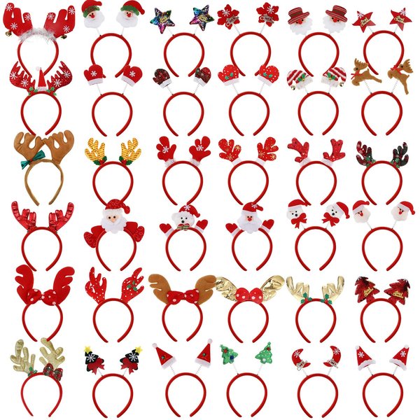 Zhehao 36 Pcs Christmas Headbands with Different Designs Santa Reindeer Antlers Headbands Christmas Accessories Holiday Costume Headbands for Adults and Kids Christmas Party Favors