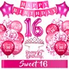 16th Birthday Decorations for Girls, Pink Sweet 16 Birthday Decorations Hot Pink Happy Birthday Banner Number 16 Foil Balloons Sash and Crown Cake Topper for Girls Sixteen Birthday Party Supplies