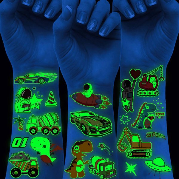 20 Sheets Glow In The Dark Temporary Tattoos For Kids Boys, Dinosaur Construction Truck Racing Car Outer Space Astronaut Fake Night Glitter Glowing Luminous Tattoo Stickers For Children Excavator