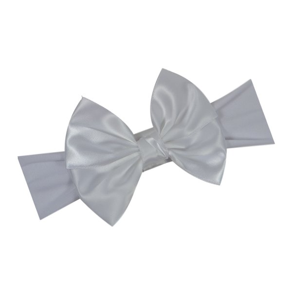 Satin Bow Baby Headband By Funny Girl Designs - Fits Newborn to 6 Months (White)