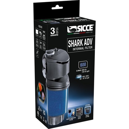 SICCE Shark ADV 600 Internal Aquarium Filter 158 GPH Submersible | In-Tank Freshwater Saltwater Marine Turtle Aquariums Filter Media Cartridge