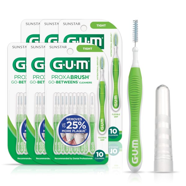 GUM Proxabrush Go-Betweens - Tight - Interdental Brushes - Soft Bristled Dental Picks for Plaque Removal Health - Safe for Braces & Dental Devices, 10ct (6pk)