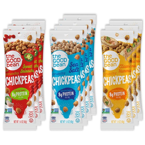 The Good Bean Crunchy Chickpeas - Variety Pack - (10 Pack) 1.4 oz Packet - Sweet Sriracha, Sea Salt, and Classic Hummus Roasted Chickpea Beans - Vegan Snack with Good Source of Plant Protein and Fiber
