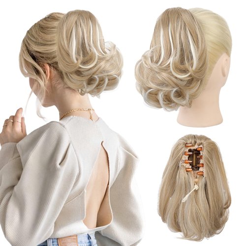 Flufymooz Ponytail Extension, 8 inch Short Claw Ponytail Extension Wavy Curly Jaw Clip in Pony tails Hair Extension Natural Synthetic Hairpiece for Women (Light Blonde with White Blonde Highlight)