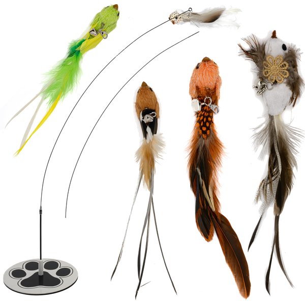 GADGETSOLOGY Cat Wand Toy Cat Toys for Bored Indoor Adult Cats Feather Cat Toy Wand 5 Pcs Natural Bird Feathers Stable Round Base Wand Cat Toys for Indoor Cats Hunting Toys for Cats