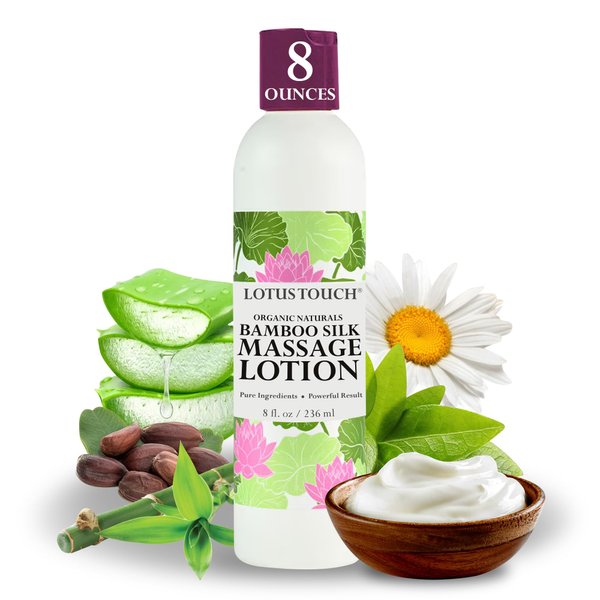 Organic Naturals Bamboo Silk Massage Lotion by Lotus Touch - 100% Pure Bamboo Silk Powder, Green Tea Extract & Aloe Vera - Unscented - Moisturizing, Fast Absorbing - Soft, Silky Glide – 8 Ounces