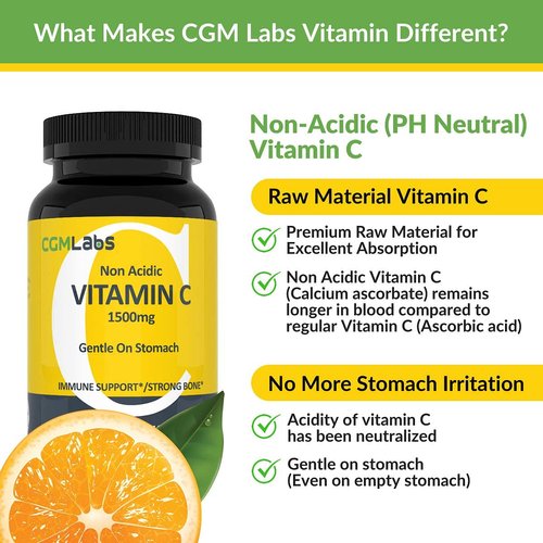 Non Acidic Vitamin C Dietary Supplement 1500mg with Calcium. Gentle on Stomach, Immune/Bone Support- 100 Caps by CGM Labs