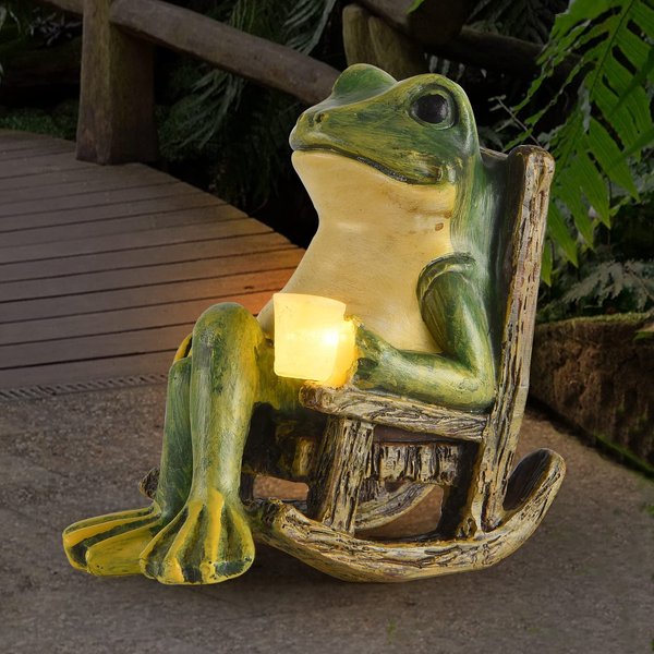 FOXMIS Miniature Frog Garden Statue Easter Decorations Fairy Garden Accessories Outdoor Figurine Lights Solar Garden Frog Decor Art Housewarming Gift for Patio,Yard,Lawn Ornament,3.89"x2.36"x3.93"