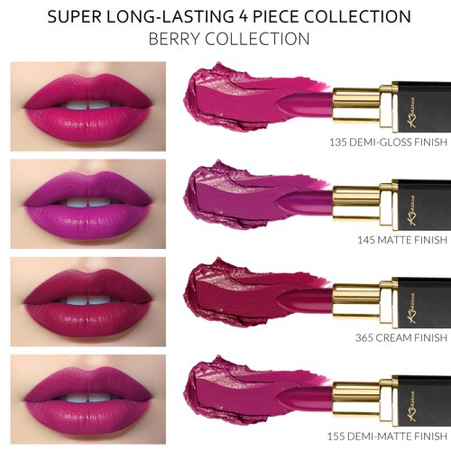 Khasana Lipstick Set. Long Lasting Gift Set. Moisturizing Formula, Infused with Vitamin E and Vitamin C. Multi Finish Lip Makeup Cream Gloss & Matte. Pack of 4. Berry Collection