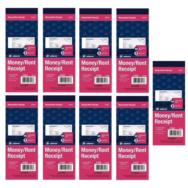 Adams Money/Rent Receipt Book, Carbonless, 3-Part, 2-3/4 x 7-3/16 Inches, 50 Sets per Book (TC2701) (9)