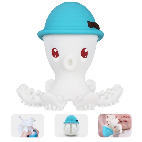 Teething Toys for Babies 3 Months+, Octopus Baby Teether 6-12 Months, Silicone Sensory Teethers Toy for Infants 18 Months, Kids Teething Toys 9 Month Old Baby Toys, Funny Baby Toys, Blue