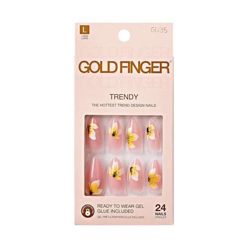 GoldFinger Trendy False Nails Kit, Long Almond Shape Design Nail, Pink & Flower Print, Ready to Wear Gel & Manicure Stick included, Long-Lasting Convenient & Easy to Apply
