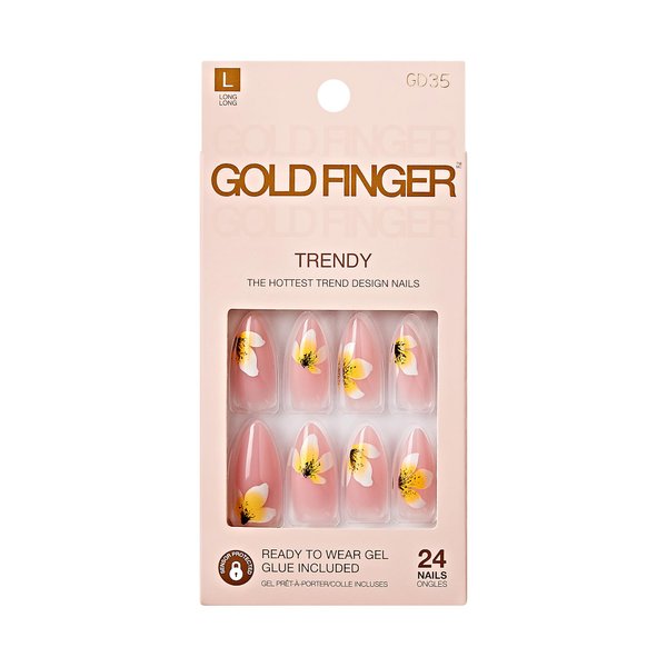 GoldFinger Trendy False Nails Kit, Long Almond Shape Design Nail, Pink & Flower Print, Ready to Wear Gel & Manicure Stick included, Long-Lasting Convenient & Easy to Apply