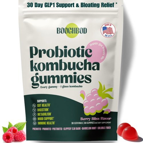 BoochBod - Probiotic Kombucha Gummy - Prebiotics, Probiotics, Postbiotics, Fiber Supplement, Slippery Elm, Dandelion Root, MCT Oil, for Bloating, Gut Health - Probiotics for Women, Probiotics for Men