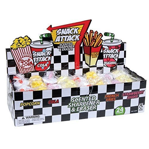 Raymond Geddes Snack Attack Scented Pencil Sharpener and Assortment Pencil Eraser (Pack of 24)