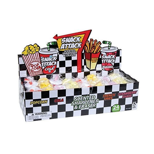 Raymond Geddes Snack Attack Scented Pencil Sharpener and Assortment Pencil Eraser (Pack of 24)
