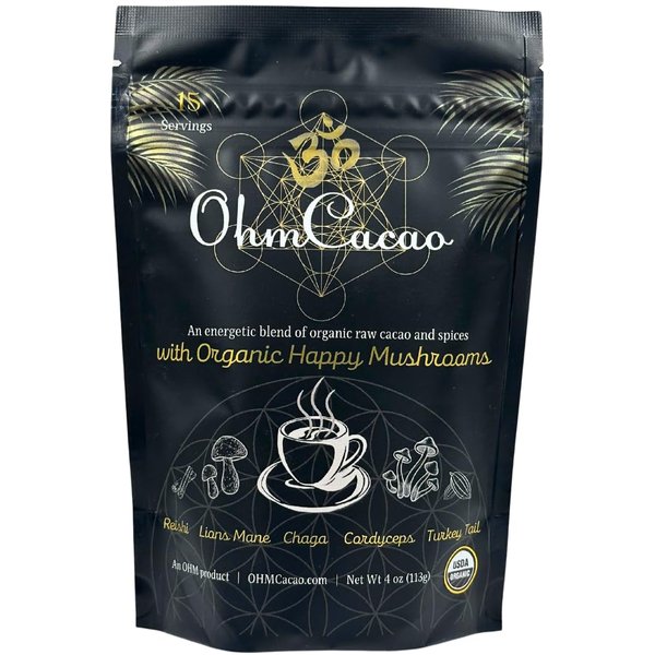 Ohm Mushroom Cacao Powder w. Lions Mane, Chaga, Reishi, Cordyceps, Turkey Tail | Organic Nootropic Instant Coffee Alternative for Energy + Focus + Immunity | 2000mg / Dose