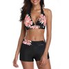 Century Star Women's Two Piece Swimsuit Halter Printed Top with Boyshort Bottoms Fashion Bathing Suit Pink Flower 10-12