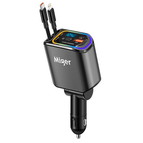 Miger 4 in 1 Retractable Car Charger,100W iPhone Car Charger Fast Charging with Cord 3FT,2 USB Ports Retractable Car Phone Charger USB C Car Charger Adapter for iPhone 16/15/14/13/12/11,Galaxy,Pixel