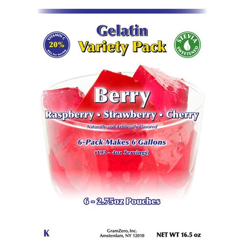 GramZero Berry Variety (Raspberry, Strawberry, Cherry) Sugar Free Gelatin Mix 6-Pack, Low Carb Dessert, Stevia Sweetened