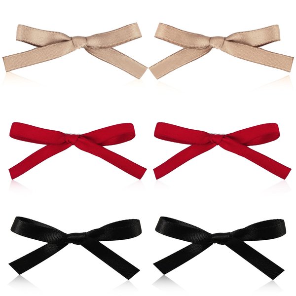 6pcs Sweet Bow Hair Clips, Solid Color Cute Bowknot Hair Pins Kawaii Bow Hair Barrettes with Alligator Clips Small Bow Claw Clip for Girls Women (Red, Khaki & Black)